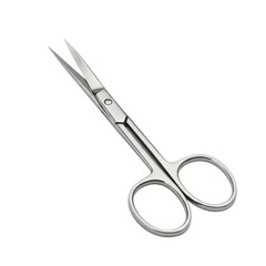 Ultra realistic uhd photo of fine, curved cuticle scissors on a plain transparent background, clear contours, standalone, no shadows, product photography concept for beauty tools