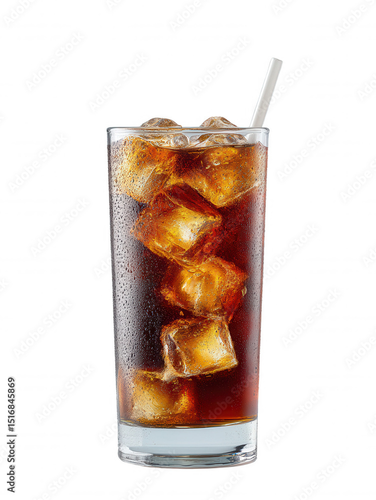 Poster A refreshing glass of cola is presented with ice cubes and a straw against a white background creating a cool and thirst quenching visual refreshment now.