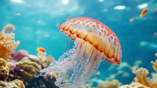 Jellyfish Floating Gracefully Underwater with Corals and Fis