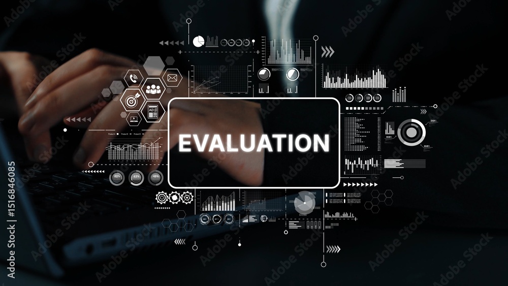 Poster hands typing on laptop with digital evaluation dashboard showing charts and data analytics in a mode