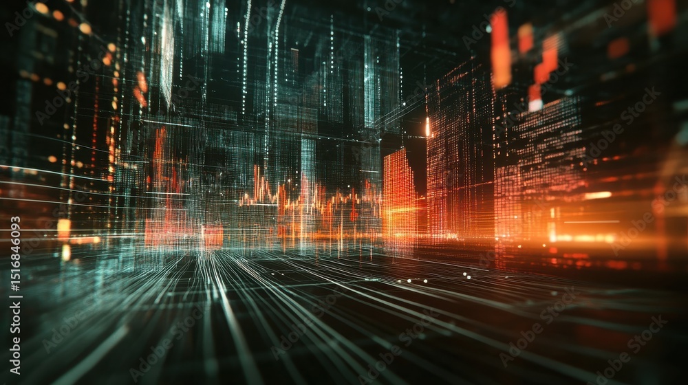 Poster an abstract digital composition featuring layered financial chart elements such as glowing candlesti