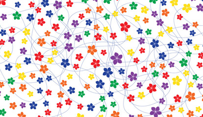 Vibrant Floral Pattern with Intertwined Lines, Colorful Blossoms on White Background, Ideal for Fabric Design, Gift Wraps, and Springtime Decorations