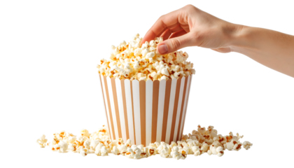 A hand reaches into a striped bucket overflowing with fluffy popcorn, ready for a delicious snack.