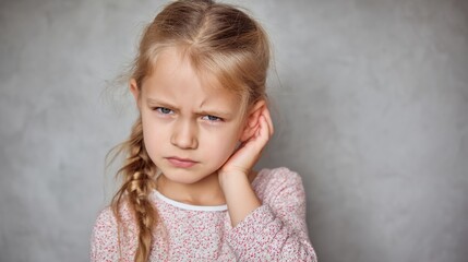 	Young child holding ear with pained expression in pediatric clinic, childhood illness and earache concept, kid suffering from infection or pain at doctor office.