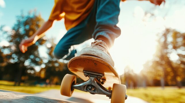 A dynamic shot of a boy performing a skateboarding trick against the backdrop of a vibrant sunset, demonstrating youthful energy and passion for adventure.