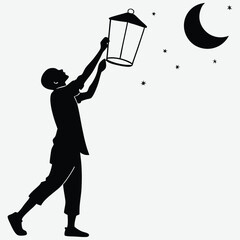A person releasing a lantern into the night sky silhouette image vector art and illustration	