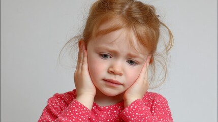 	Young child holding ear with pained expression in pediatric clinic, childhood illness and earache concept, kid suffering from infection or pain at doctor office.