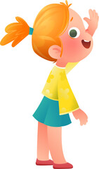 Cheerful red hair schoolgirl character waving hello with a lively, positive gesture. Girl raising hand, cheerful schoolgirl design Vector colorful character cartoon illustration for children and kids