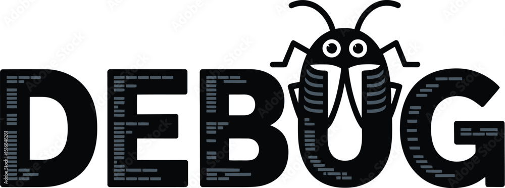 Poster the word debug in black with small lines and a bug icon on a gray background illustration