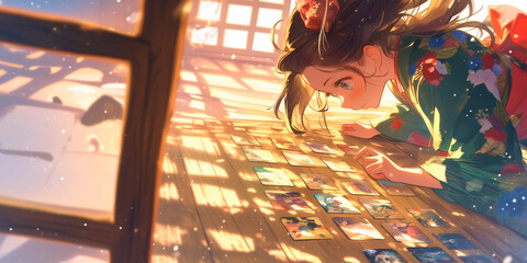 カルタをする女性。水彩画。イラスト。