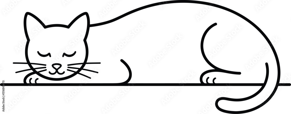 Poster a simple line drawing of a sleeping cat with closed eyes and curled tail resting on a straight line