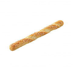 A golden twisted breadstick sprinkled with sesame seeds lies diagonally against a clean white background, showcasing its crunchy texture and simple snack appeal.