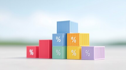 Colorful stacked shipping containers with percentage symbols, representing logistics, trade, and commerce, set against a blurred outdoor background with soft natural lighting