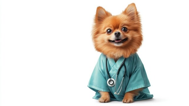 Little dog as a vet wearing robe and stethoscope - isolated over a white background illustration , no logos, no brands