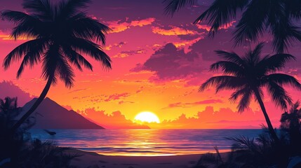 Golden sunset over a tropical beach with palm trees silhouetted against the vibrant sky.