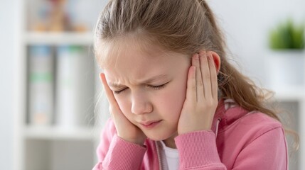 	Young child holding ear with pained expression in pediatric clinic, childhood illness and earache concept, kid suffering from infection or pain at doctor office.