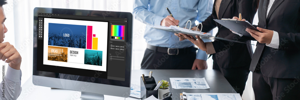 Poster business intelligence and data analysis concept. analyst team working on financial data analysis das
