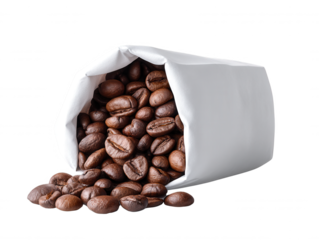 A white paper bag is lying on its side with rich brown coffee beans spilling out, creating an inviting aroma and a visually appealing scene on white background.