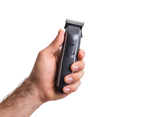 Close-up of a hand holding a black, modern hair trimmer, ready for a haircut.