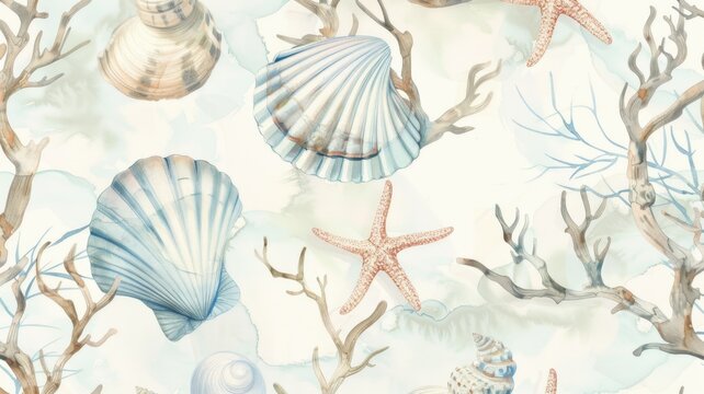 Coastal watercolor design with seashells and starfish for beach-themed decor