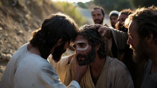 Sacred vision moment: Jesus Christ gesture, blind man healing, Savior hand, divine mercy, miracle power, spiritual light, compassionate act, restored sight, holy presence, transforming grace