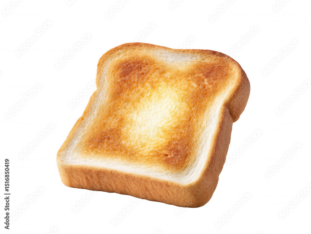 Poster a single slice of golden brown toasted bread is displayed against a pristine white background, offe 