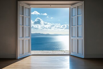 A large open window with a view of the ocean. A beautiful and serene view of the horizon through an open door inviting peace and calmness. © MD USUB BISWAS