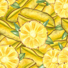 Watercolor seamless pattern of round pineapple slices layered over starfruit in rich yellow tones. Hand painted sunny tropical dense ornate for food packaging, restaurant branding, summer collections