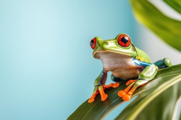 Naklejka premium A green frog sitting gracefully on a white background. A green frog with red eyes is sitting on a leaf.