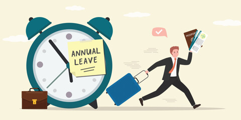 Male employee with luggage running away from office. Annual leave note on watch. Break, take day off and relax from hard work, schedule reminder of annual leave concept