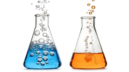 Two erlenmeyer flasks with blue and orange liquid and bubbles isolated on white background
