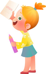Cheerful red hair lively schoolgirl character holding homework notebook and pencil. Child with notebook, cheerful schoolgirl greeting. Vector character cartoon illustration for children and kids.
