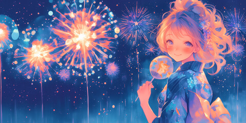 花火を楽しむ浴衣姿の女の子。水彩画。イラスト。