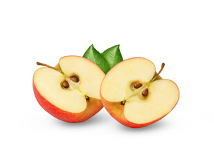 Two halved red apples with leaves isolated. Red apple cut in half isolated.