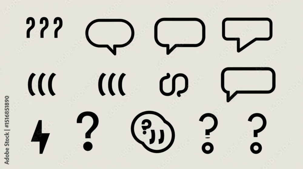 Poster collection of various abstract communication icons including speech bubbles and question marks displ