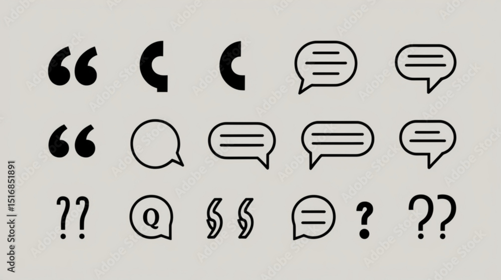 Poster illustration of various speech bubbles, quotation marks, and question mark symbols arranged in a gri