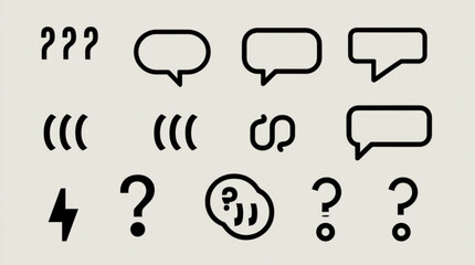 Collection of various abstract communication icons including speech bubbles and question marks displayed created with generated ai