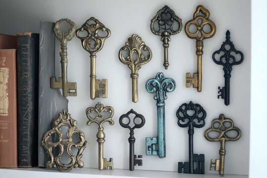 A collection of antique keys are hanging on a shelf next to a bookcase. Curated collection of vintage decorative keys for your home decor needs.