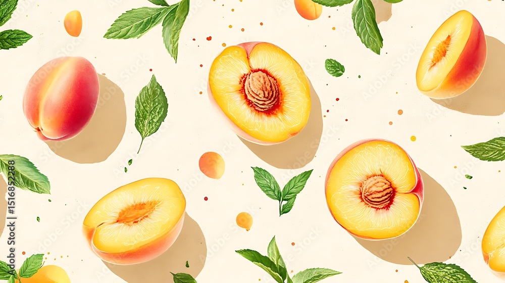 Poster a bleached beige background with peach halves and mint sprigs in a repeating linear pattern