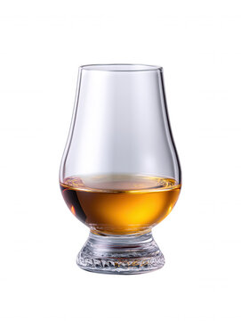 A single malt scotch whisky sits elegantly in a crystal Glencairn glass, its golden hue catching the light against a crisp and clean white background in studio shot.