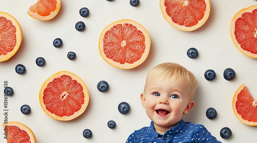 Poster a bright neutral backdrop with grapefruit slices and blueberries placed in evenly spaced lines with 