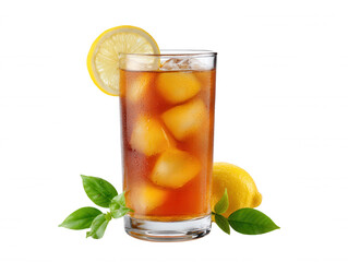 A refreshing glass of iced tea with lemon slice and ice cubes, complemented by fresh basil leaves, creating a vibrant and cool beverage presentation on white.