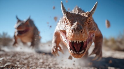 A dynamic image of two fierce dinosaurs charging through a barren desert, evoking feelings of power, adventure, and prehistoric wonder in a strikingly dramatic setting.