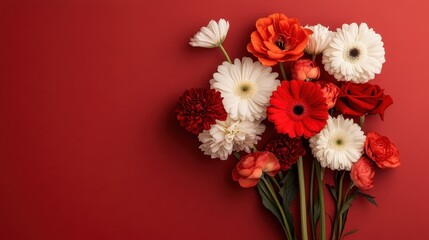 A vibrant arrangement of various flowers against a bold red backdrop, evoking emotions of love, joy, and beauty, perfect for celebrations and special occasions.
