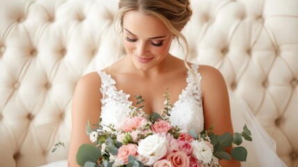 A stunning bride showcases her exquisite flower bouquet with soft pastels and greenery, embodying love, happiness, and the beauty of a wedding day in perfect elegance.