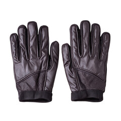 A pair of dark leather gloves lay flat against a white backdrop showing the palms and fingers, ready to provide protection and warmth for any activity outside.