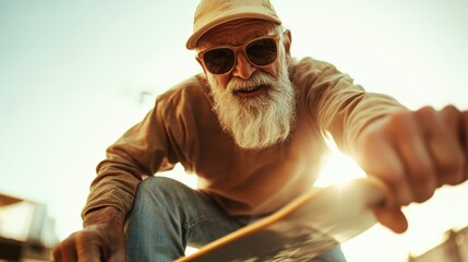 A spirited elderly man dressed casually skates with joy during the golden hour, emphasizing the timelessness of passion and adventure in all stages of life.