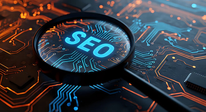 A "SEO" sign seen through magnifying glass on vibrant circuit board, web analytics and keywords research in search engine optimization and digital marketing concept	