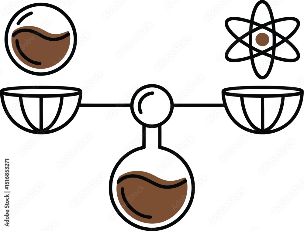Poster illustration of a balance scale with a liquid filled sphere and atom symbol on each side and flask b