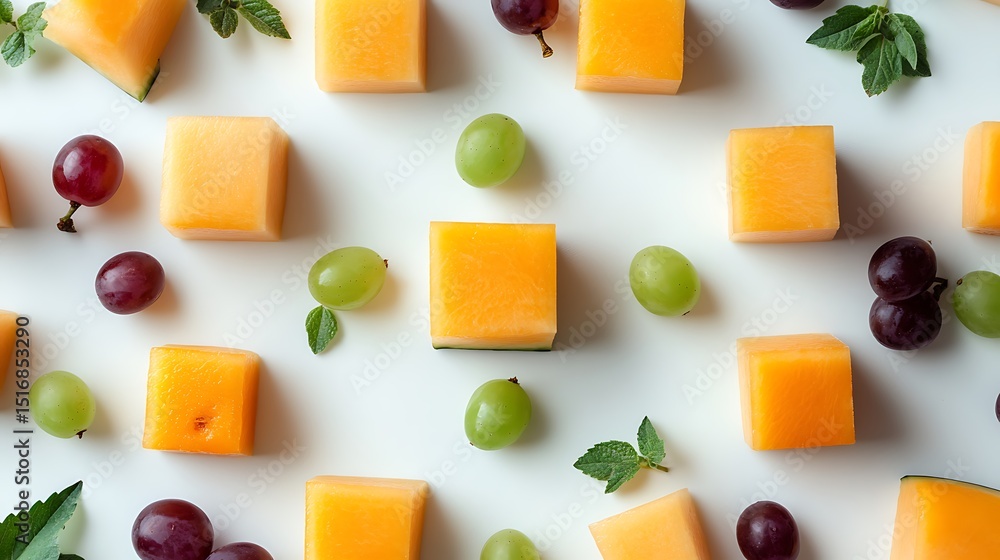 Poster a clean white setting with cantaloupe cubes and grapes aligned in equal-sized square blocks